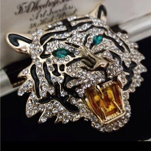 Gold and Silver Tiger Brooch with Crystal Accents Metal Base